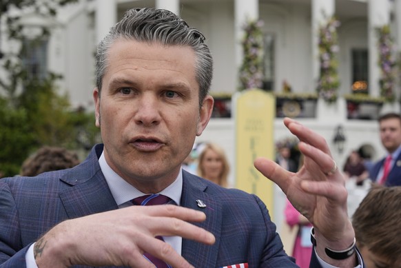 Defense Secretary Pete Hegseth speaks on the South Lawn of the White House before President Donald Trump and first lady Melania Trump participate in the White House Easter Egg Roll Monday, April 21, 2 ...