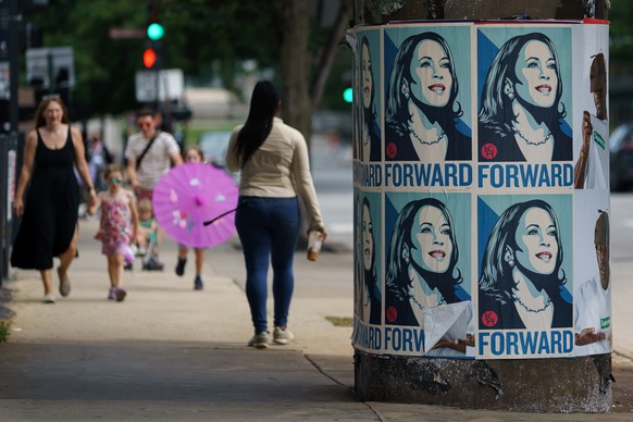 epa11552114 Posters in support of US Vice President Kamala Harris ahead of the Democratic National Convention (DNC) at the United Center, Chicago, Illinois, USA, 16 August 2024. The Democratic Nationa ...