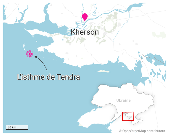 L&#039;isthme de Tendra est relié à l&#039;Ukraine par une mince bande de terre: carte de situation.