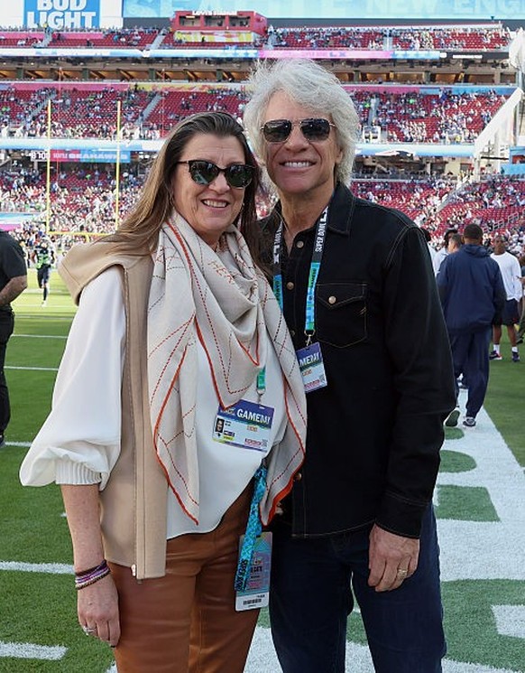 SANTA CLARA, CALIFORNIA - FEBRUARY 08: (L-R) Dorothea Hurley and Jon Bon Jovi attend the Super Bowl LX Pregame at Levi's Stadium on February 08, 2026 in Santa Clara, California. (Photo by Kevin M ...