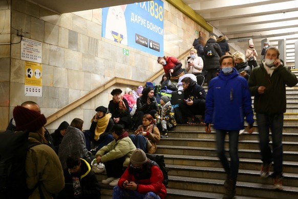 KYIV, UKRAINE - FEBRUARY 24: People take shelter in a metro station in Kyiv, Ukraine on February 24, 2022. Air raid sirens rang out in downtown Kyiv today as cities across Ukraine were hit with what U ...
