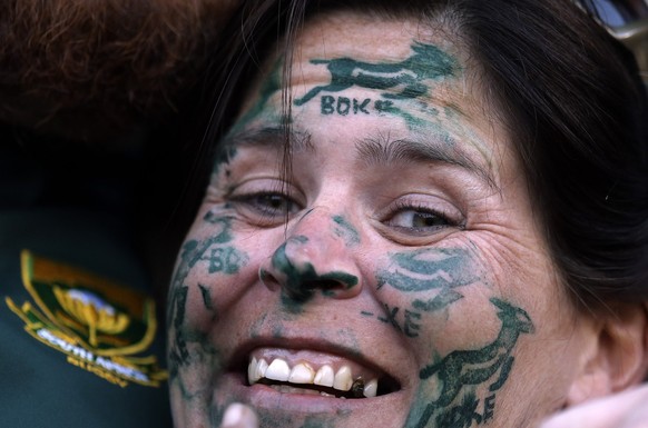 South Africa&#039;s rugby fan looks on during their Rugby Championship test match against New Zealand at Ellis Park stadium in Johannesburg, South Africa, Saturday, July 25, 2015. (AP Photo/Themba Had ...