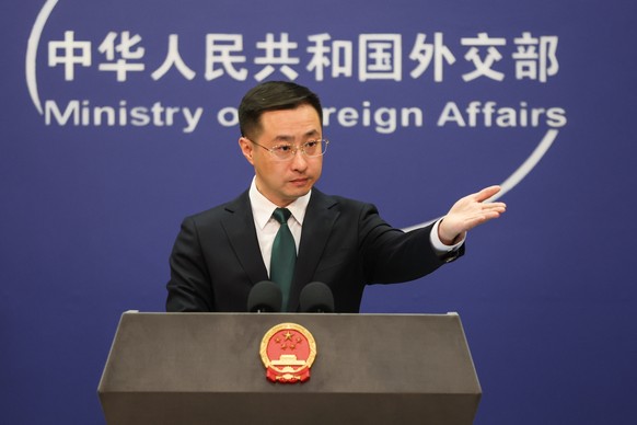 epa11279420 China?s Ministry of Foreign Affairs spokesperson, Lin Jian, gestures during a press conference in Beijing, China, 15 April 2024. China&#039;s Foreign Ministry spokesperson Lin Jian express ...