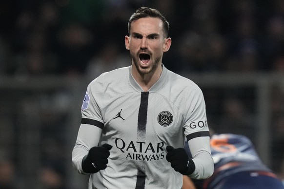 PSG&#039;s Fabian Ruiz celebrates after scoring his side&#039;s opening goal during the French League One soccer match between Montpellier and Paris Saint-Germain at the State La Mosson stadium in Mon ...