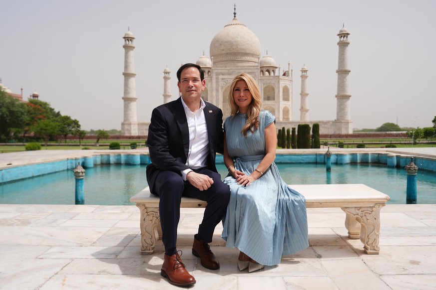 United States Secretary of State Marco Rubio poses with his wife, Jeanette Rubio, during their visit to the Taj Mahal in Agra, India, Monday, May 25, 2026. (AP Photo/Julia Demaree Nikhinson, Pool)
Mar ...