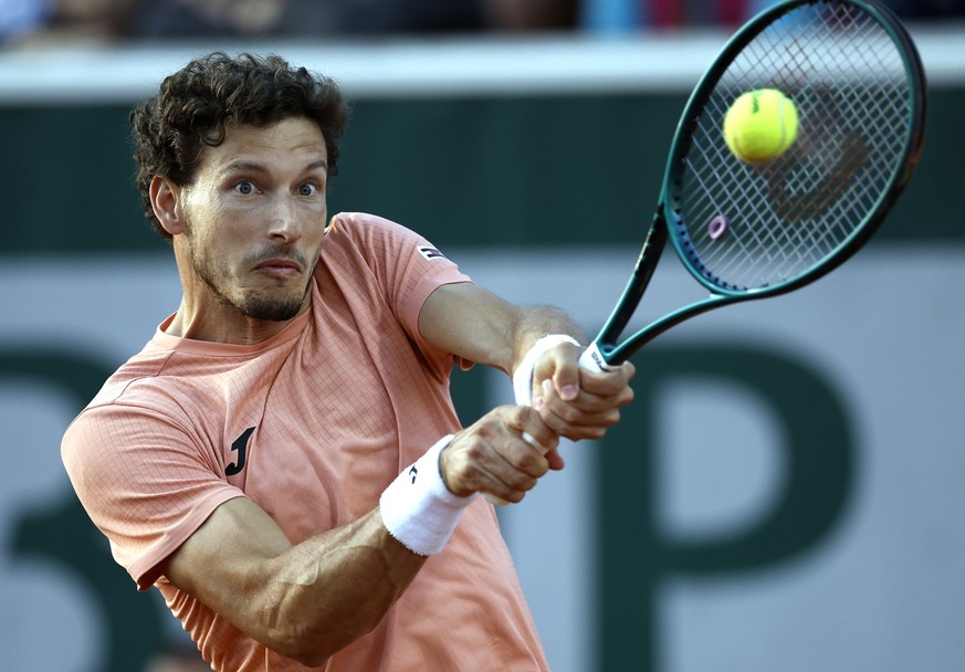 epa12141695 Pablo Carreno Busta of Spain in action during his Men&#039;s 2nd round match against Frances Tiafoe of USA at the French Open Grand Slam tennis tournament at Roland Garros in Paris, France ...