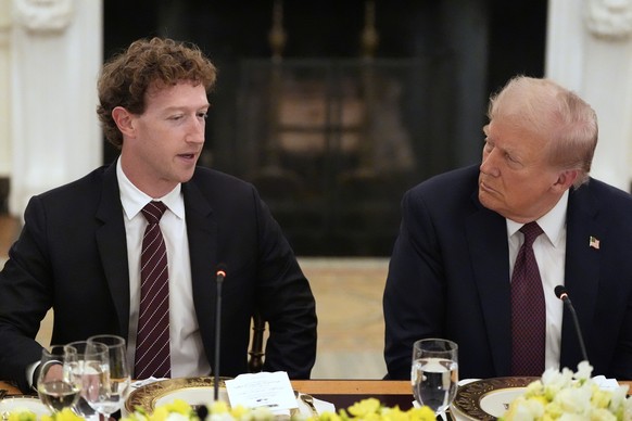 Facebook CEO Mark Zuckerberg attends a dinner with President Donald Trump in the State Dinning Room of the White House, Thursday, Sept. 4, 2025, in Washington. (AP Photo/Alex Brandon)
Trump