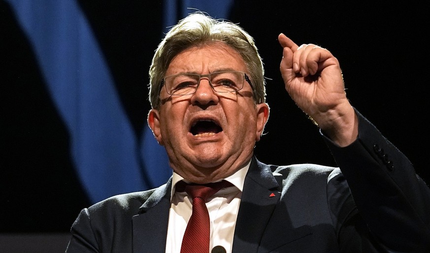 Hard-left leader Jean-Luc Melenchon delivers his speech in his election night headquarters, Sunday, June 19, 2022 in Paris. French President Emmanuel Macron&#039;s alliance got the most seats in the f ...