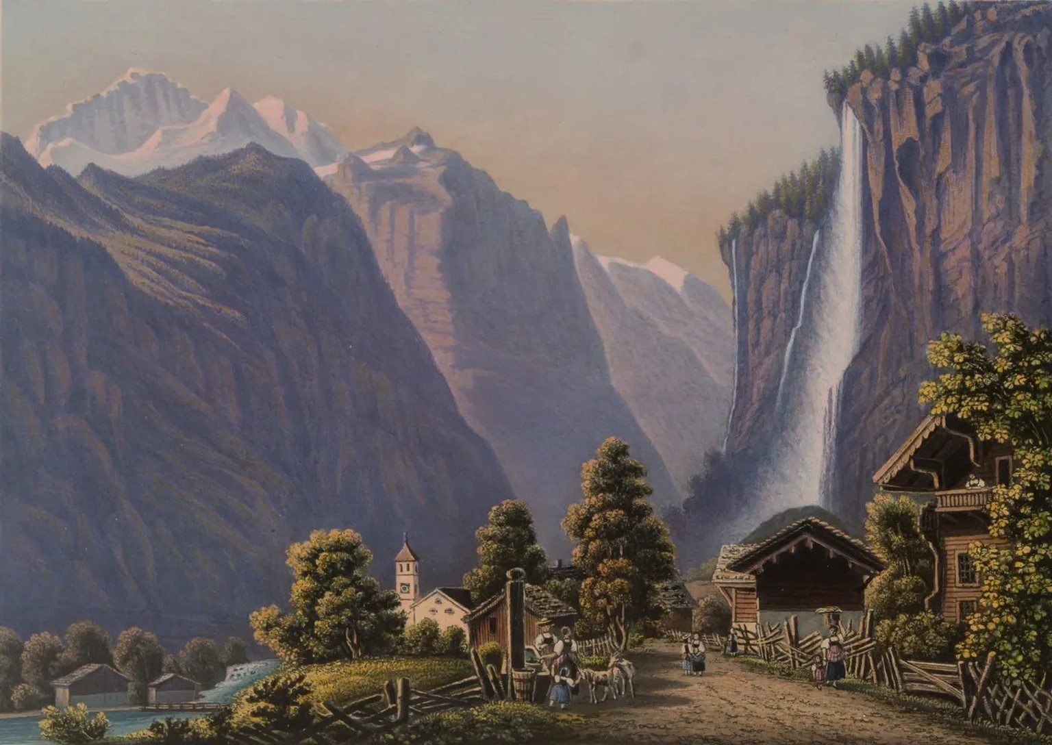 Vue des chutes du Staubbach, dans la vallée de Lauterbrunnen, vers 1850. D’une hauteur de près de 300 mètres, elles inspirèrent à Goethe son poème «Gesang der Geister über den Wassern» (Chant des espr ...