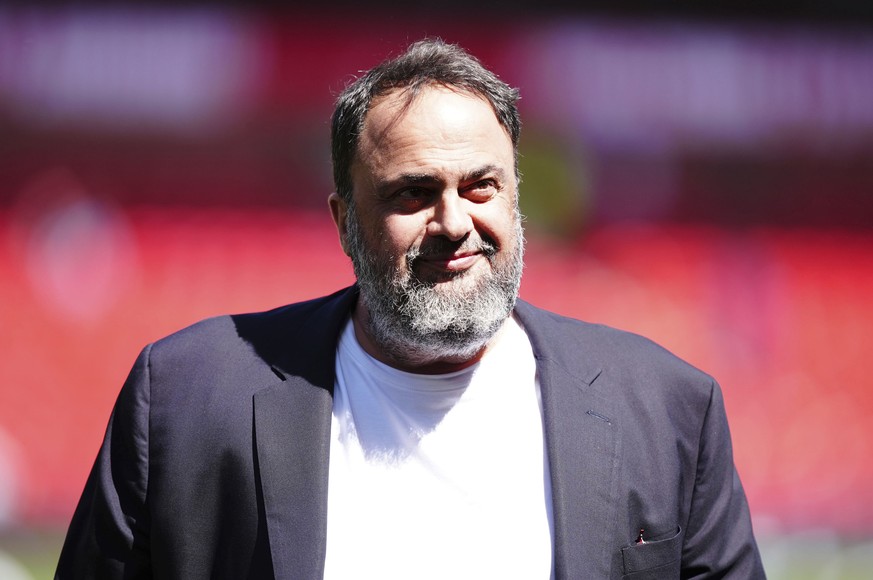 Nottingham Forest owner Evangelos Marinakis walks before a Premier League soccer match against Leicester at the City Ground in Nottingham, England, Sunday May 11, 2025. (Mike Egerton/PA via AP)
Britai ...