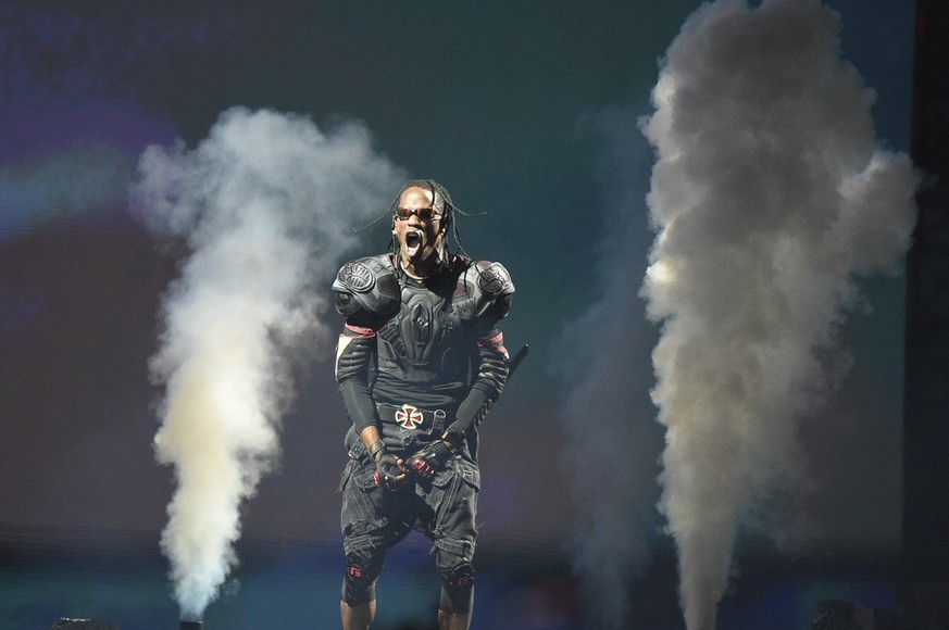Travis Scott performs during the &quot;Circus Maximus&quot; tour on Sunday, Nov. 5, 2023, at SoFi Stadium in Inglewood, Calif. (Photo by Richard Shotwell/Invision/AP)