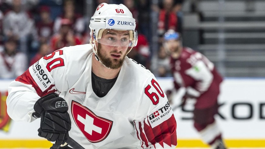 Switzerland&#039;s Tristan Scherwey during the game between Latvia and Switzerland, at the IIHF 2019 World Ice Hockey Championships, at the Ondrej Nepela Arena in Bratislava, Slovakia, on Sunday, May  ...