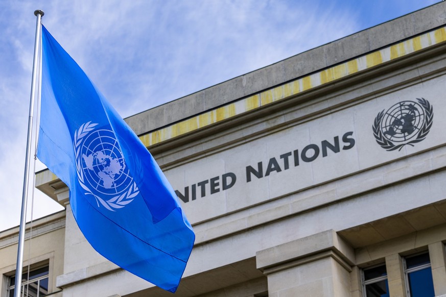 The United Nations (UN) flag is seen flying at The Allee des Nations (flags alley) at the European headquarters of the United Nations in Geneva, Switzerland, Wednesday, May 20, 2026. (KEYSTONE/Salvato ...