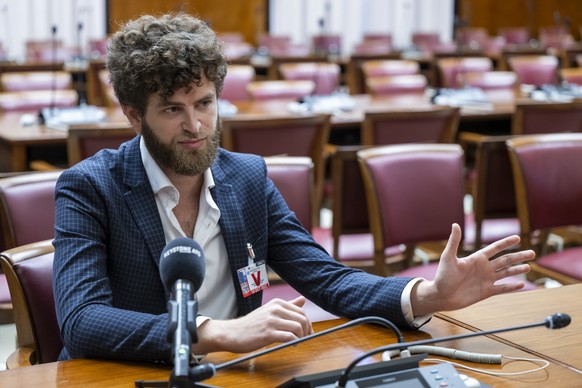 Jonathan Gutman, cousin of Eviatar David, 23 years old who was kidnapped by Hamas terrorists on October 7, speaks during an interview, at the European headquarters of the United Nations in Geneva, Swi ...