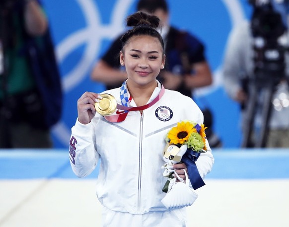 epa09376963 Gold medalist Sunisa Lee of the USA during the victory ceremony of the Women&#039;s All-Around final during the Artistic Gymnastics events of the Tokyo 2020 Olympic Games at the Ariake Gym ...
