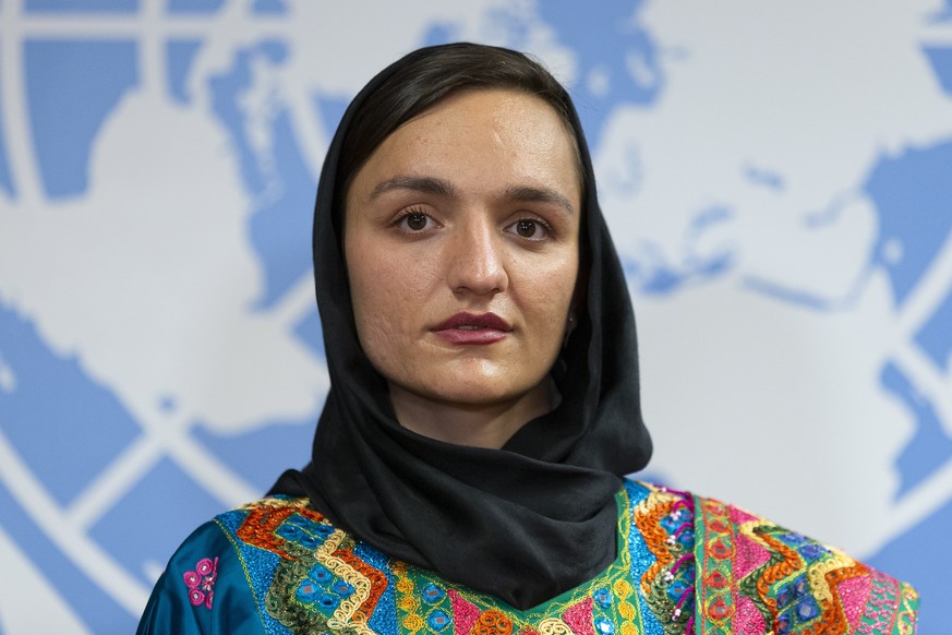 epa09479532 Afghanactivist and politician Zarifa Ghafari, former Afghan mayor of Maidan Sharh, attends the Geneva Peace Talks 2021, at the European headquarters of the United Nations in Geneva, Switze ...
