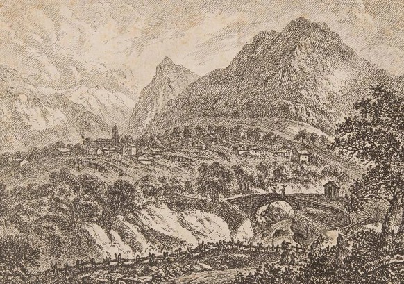 Gravure sur cuivre du village de Dongio, d’après un dessin de Ludwig Hess, vers 1817.
https://permalink.nationalmuseum.ch/100292503