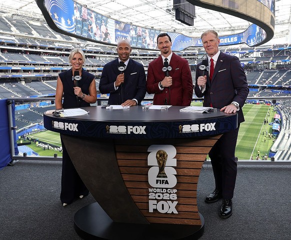 INGLEWOOD, CALIFORNIA - JUNE 12: Fox Sports announcers Rebecca Lowe, Thierry Henry, Zlatan Ibrahimović and Alexi Lalas during the FIFA World Cup Today Fox pregame show at at SoFi Stadium on June 12,  ...