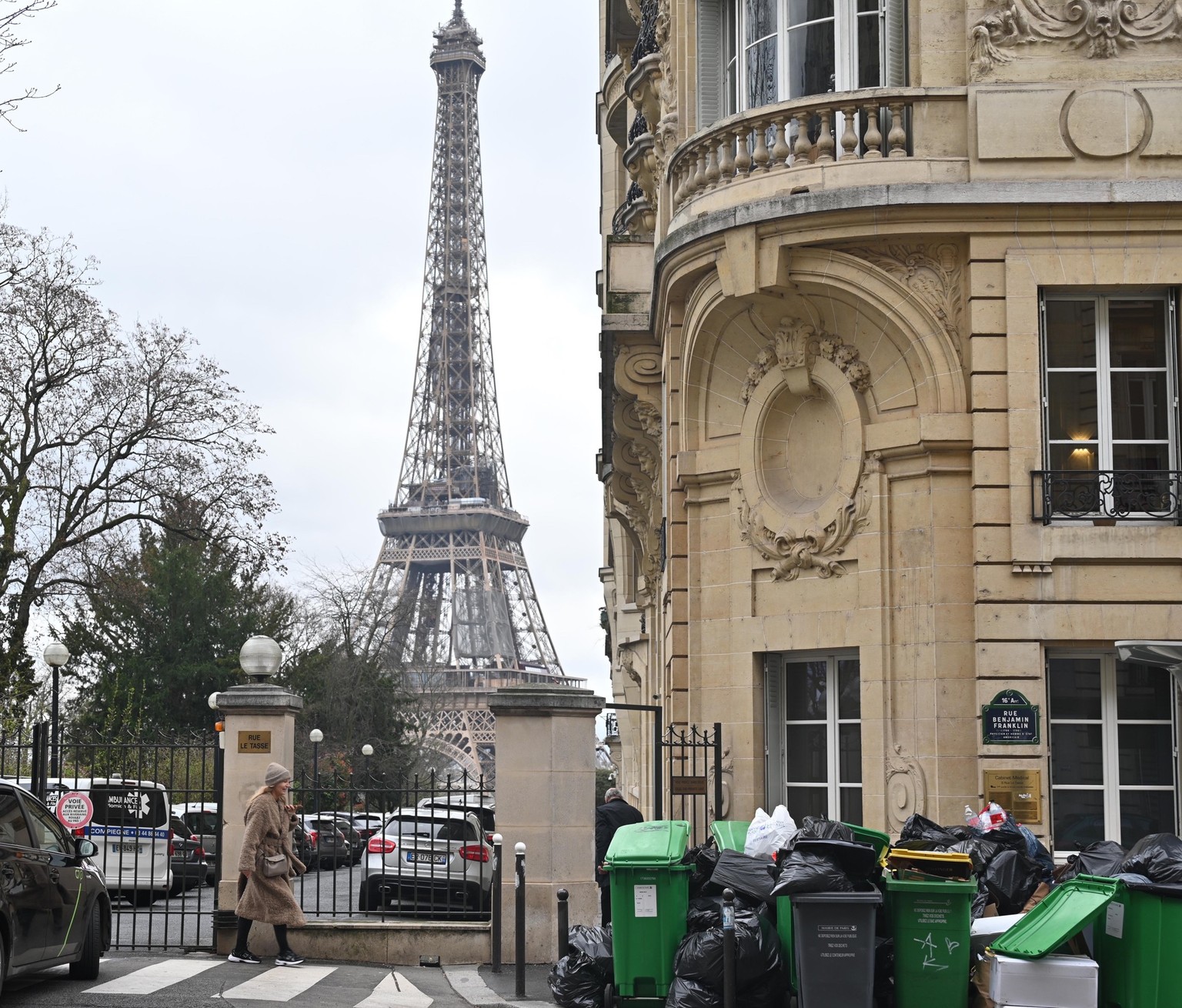 PARIS, FRANCE - MARCH 13: Garbage cans overflowing with trash on the streets as collectors go on strike in Paris, France on March 13, 2023. Garbage collectors have joined the massive strikes throughou ...