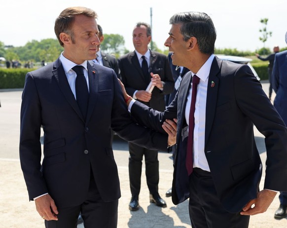 VER-SUR-MER, FRANCE - JUNE 06: President of France, Emmanuel Macron and Prime Minister of the United Kingdom Rishi Sunak attends the UK Ministry of Defence and the Royal British Legion’s commemorative ...