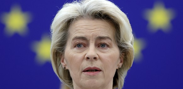 epa11084482 European Commission President Ursula von der Leyen speaks during a debate on the &#039;Situation in Hungary and frozen EU funds&#039; at the European Parliament in Strasbourg, France, 17 J ...