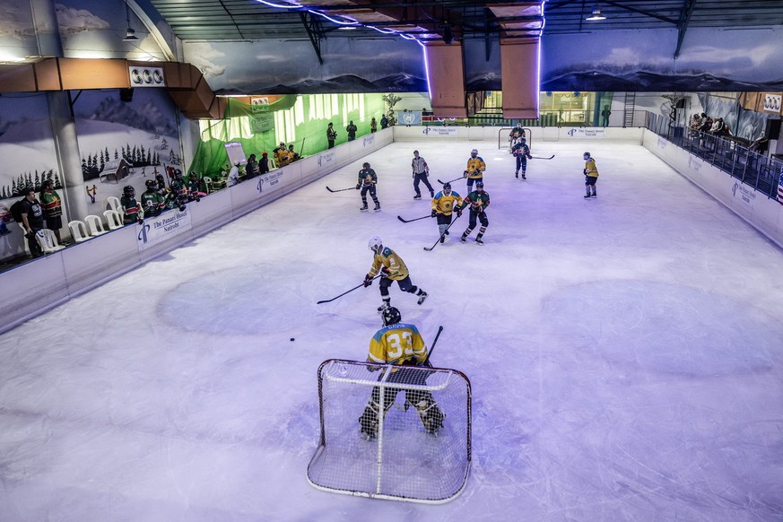 Players from the Kenyan Ice Hockey National Team, also known as the Kenya Ice Lions, play a match against the Friendship League international team during a friendly league at the Panari Ice Skating Ri ...