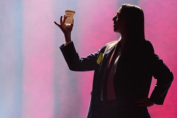 Tommy Cash from Estonia performs the song &quot;Espresso Macchiato&quot; during the dress rehearsal for the Grand Final of the 69th Eurovision Song Contest, in Basel, Switzerland, Friday, May 16 2025. ...