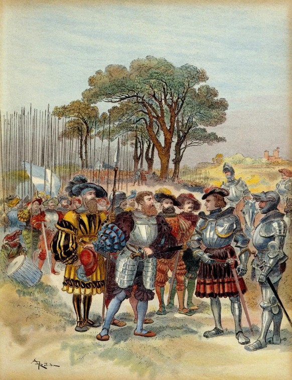 Au campement de la Bicoque, les Suisses exigent d’être payés, de se battre ou d’être mis en congé. Illustration d’Albert Robida, 1909.