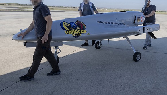 FILE - A Turkish-made Bayraktar TB2 is a medium-altitude long-endurance (MALE) unmanned combat aerial vehicle (UCAV), drone capable of remotely controlled or autonomous flight operations is seen at th ...