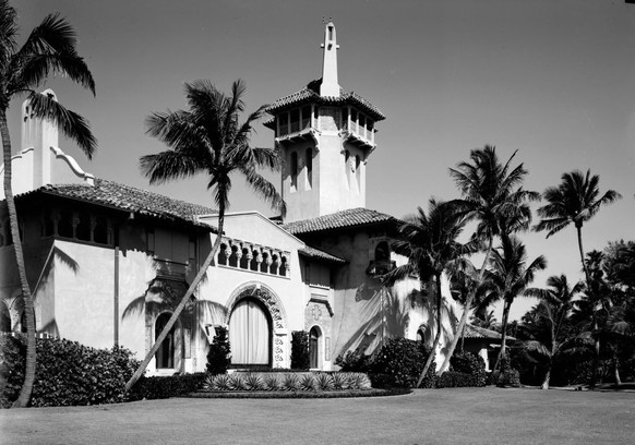 Exterior of Mar-A-Lago, at 1100 South Ocean Boulevard in Palm Beach, Florida, 1967. The Mediterranean style villa was designed by architect Marion Sims Wyeth and is the home of noted philantropist and ...