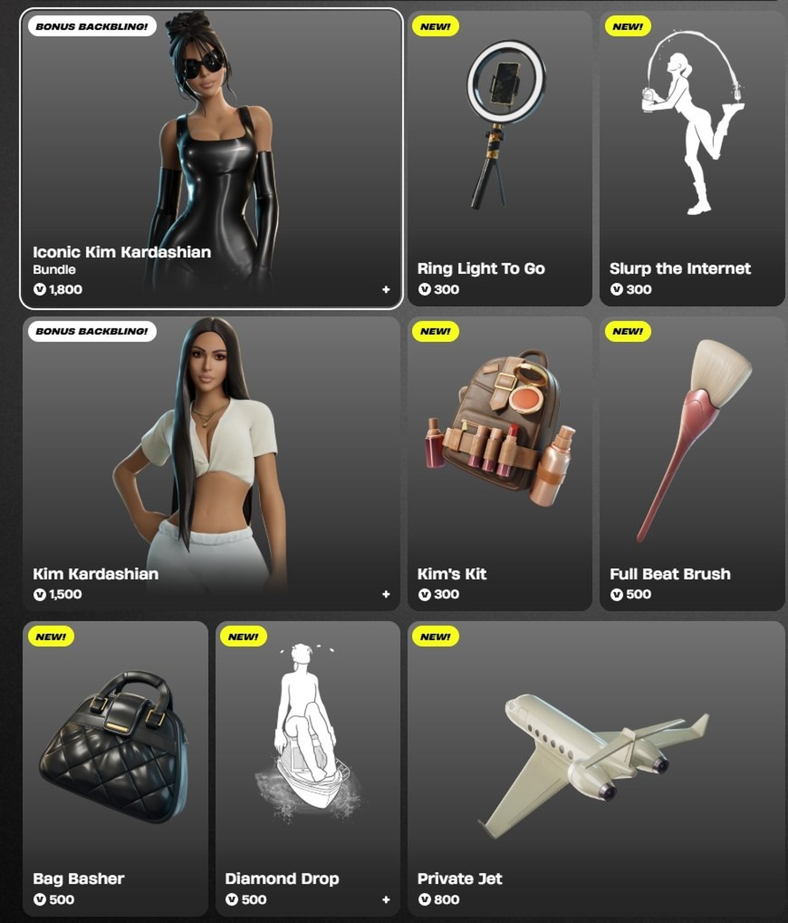 Kim s'accompagne d'accessoires indispensables comme un jet privé ou un pinceau à maquillage.