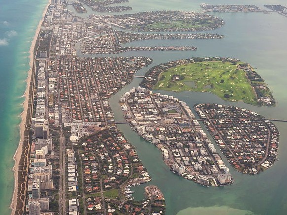 MIAMI, FLORIDA - APRIL 08: Aerial view of the Indian Creek country club and golf course near Miami Beach in Miami on April 08, 2025 in Miami, Florida. (Photo by Anthony Devlin/Getty Images)