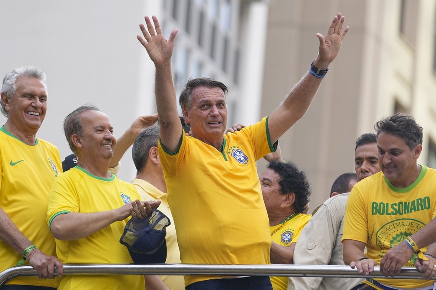Former President Jair Bolsonaro addresses supporters during a rally in Sao Paulo., Brazil, Sunday, Feb. 25, 2024. Bolsonaro and some of his former top aides are under investigation into allegations th ...