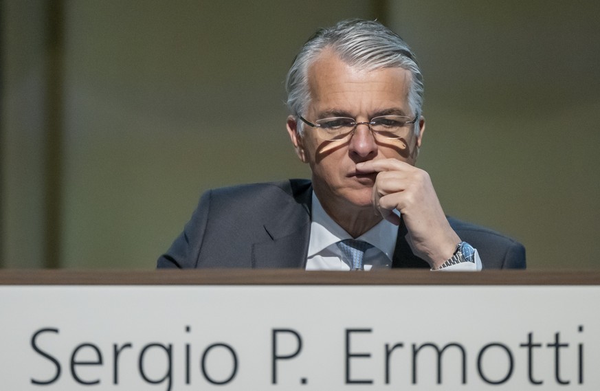 Sergio Ermotti, Chief Executive Officer der Schweizer Bank UBS, waehrend der Generalversammlung der UBS Group AG in Basel, am Mittwoch, 24. April 2024. (KEYSTONE/Georgios Kefalas)