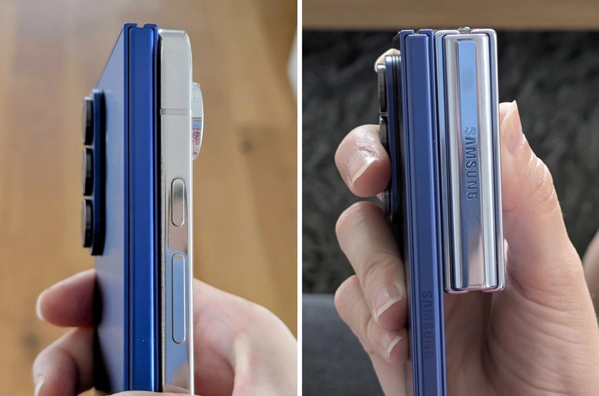 Le Fold 7 (bleu) est à peine plus épais que le Google Pixel 9 Pro de 2024, et nettement plus fin que le Galaxy Z Flip 4 (à droite) de 2022.