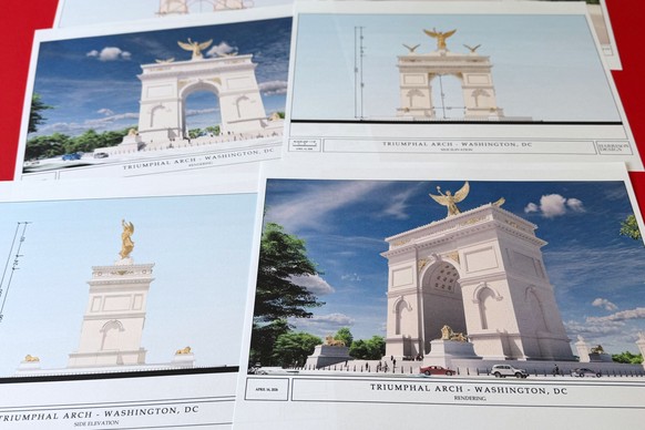 Artist renderings and diagrams for President Donald Trump's new triumphal arch released by the U.S. Commission on Fine Arts that is planned to be built in Washington between the Lincoln Memorial  ...