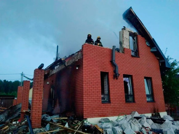 This photo released by Moscow Region Governor Andrei Vorobyev's official telegram channel shows the damage after a Ukrainian drone attack, just outside Moscow, Russia, on Sunday, May 17, 2026. (M ...