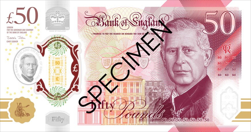 epa10374602 A handout image made available by the Bank of England on 20 December 2022, shows the new 50 pounds (57.25 euros) note featuring a portrait of King Charles III. This and other notes featuri ...