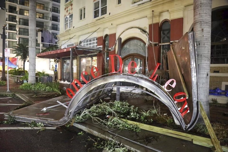 The Ponce De Leon Hotel sign fell to the ground after Hurricane Milton made landfall in Florida, Thursday, Oct. 10, 2024 in St Petersburg. (Lauren Peace/Tampa Bay Times via AP)