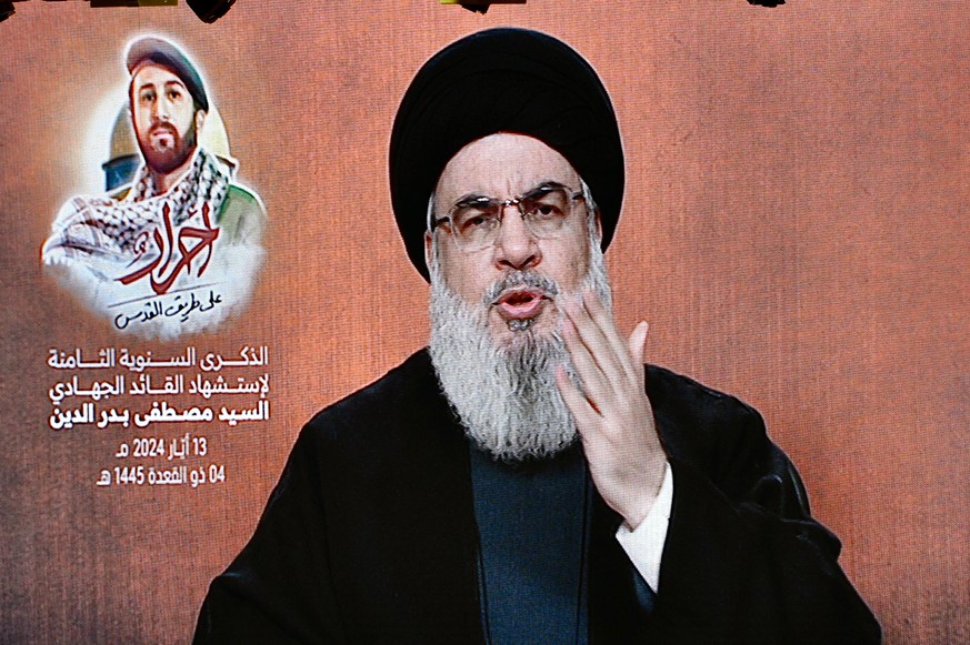 epa11629710 (FILE) Hezbollah leader Hassan Nasrallah delivers a speech via a screen during a rally outside Beirut, Lebanon, 13 May 2024 (reissued 28 September 2024). The Israeli army (Tsahal) said 28 ...