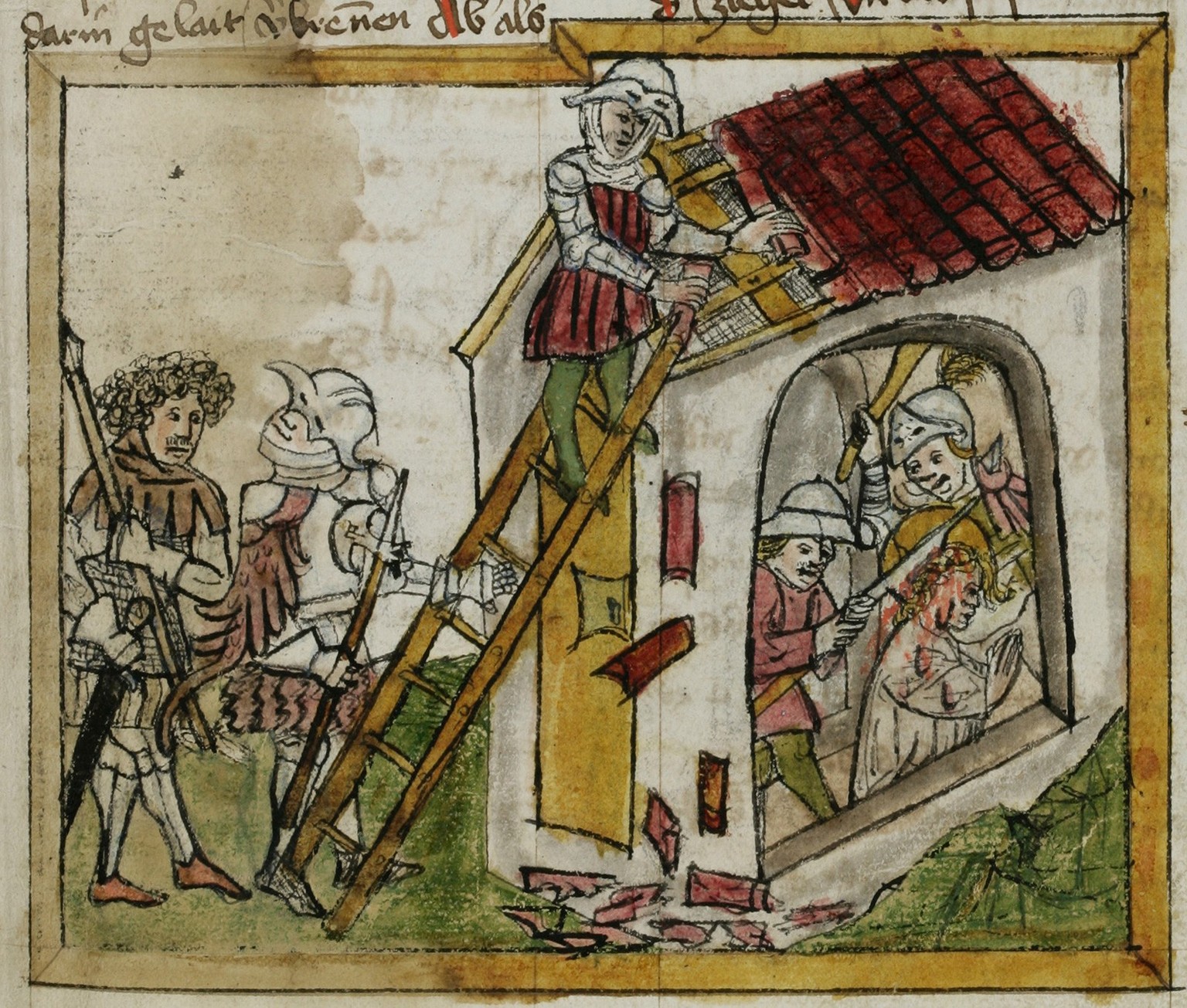 Le martyre de Wiborada. Les guerriers magyars s’introduisent dans sa cellule et lui infligent des blessures mortelles à la tête.
https://www.e-codices.unifr.ch/fr/csg/0602/345