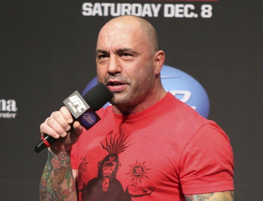 FILE - UFC announcer and podcaster Joe Rogan speaks at the weigh in before a UFC on FOX 5 event in Seattle, on Dec. 7, 2012. Spotify&#039;s CEO Daniel Ek wrote in a note to employees Sunday, Feb. 6, 2 ...