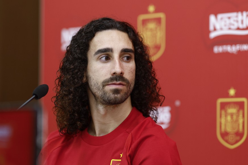 epa12520348 Spanish national soccer player Marc Cucurella attends a press conference of the team at Las Rozas Sports city in Madrid, Spain, 12 November 2025. Spain will face Georgia and Turkey in thei ...