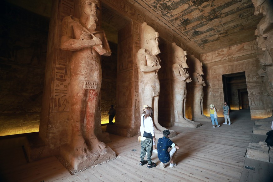 epa09302803 People visit the Ramses II temple in Abu Simbel, Egypt, 26 June 2021. Tourism in Egypt was affected by the Covid-19 pandemic. EPA/KHALED ELFIQI