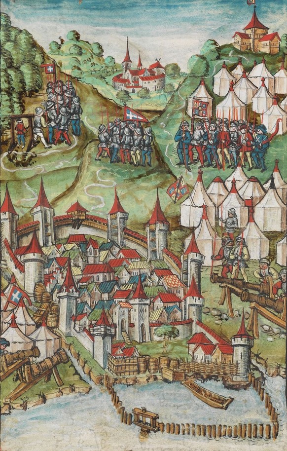Siège de Morat. À droite, à l’arrière-plan, le campement des Bourguignons. Au sommet de la colline, les quartiers de Charles le Téméraire, construits en bois. Illustration tirée de la chronique de la  ...