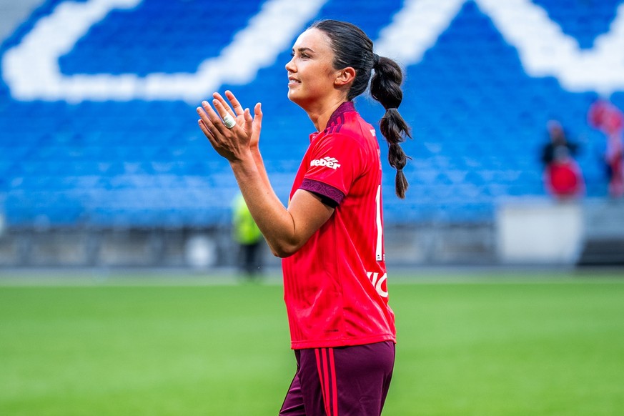 LYON, FRANCE - MAY 16: Ingrid Engen of OL Lyonnes thanks supporters following the Women's Arkema Premiere Ligue match between OL Lyonnes and FC Nantes at Groupama Stadium on May 16, 2026 in Lyon, ...