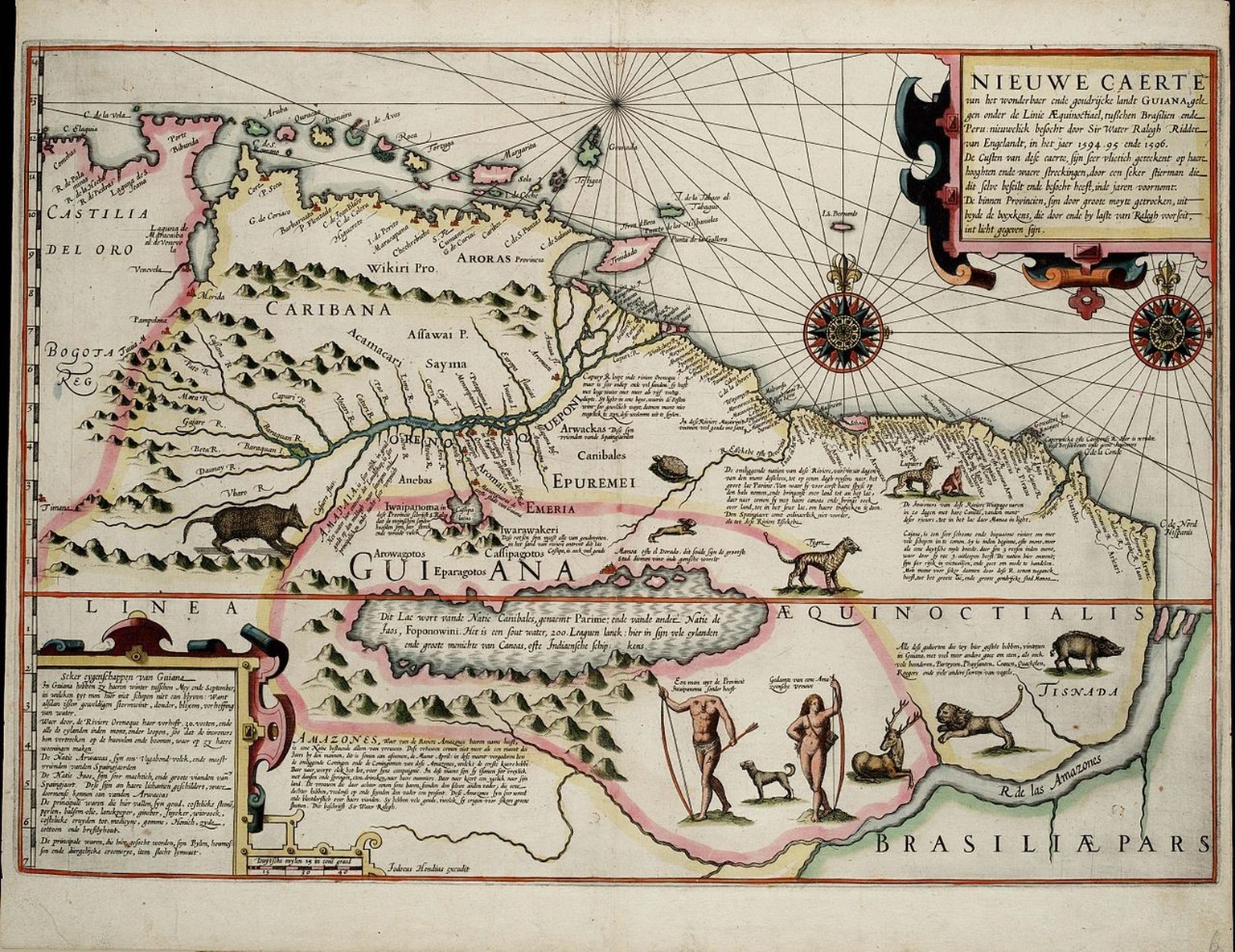 Der (vergleichsweise riesige) Parime-See auf der Karte Nieuwe caerte van het Wonderbaer ende Goudrjcke Landt Guiana von Jodocus Hondius aus dem Jahre 1598. Der Ort Manóa ist an der nordöstlichen Küste ...