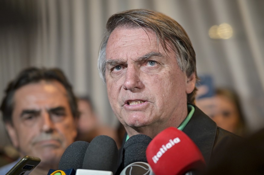 epa10719719 Former Brazilian President Jair Bolsonaro participates in a press conference in Belo Horizonte, Brazil, 30 June 2023. Brazilian Superior Electoral Tribunal (TSE) on 30 June ruled former Br ...