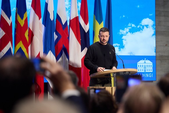 epa11690322 A handout photo made available by the Ukrainian Presidential Press Service shows Ukraine&#039;s President Volodymyr Zelensky delivering a speech at the 2024 Nordic Council meeting in Reykj ...