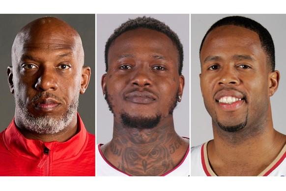 FILE - This combo of images shows, from left, Portland Trail Blazers head coach Chauncey Billups, Miami Heat guard Terry Rozier and former Cleveland Cavaliers&#039; Damon Jones. (AP Photo/File)
Sports ...